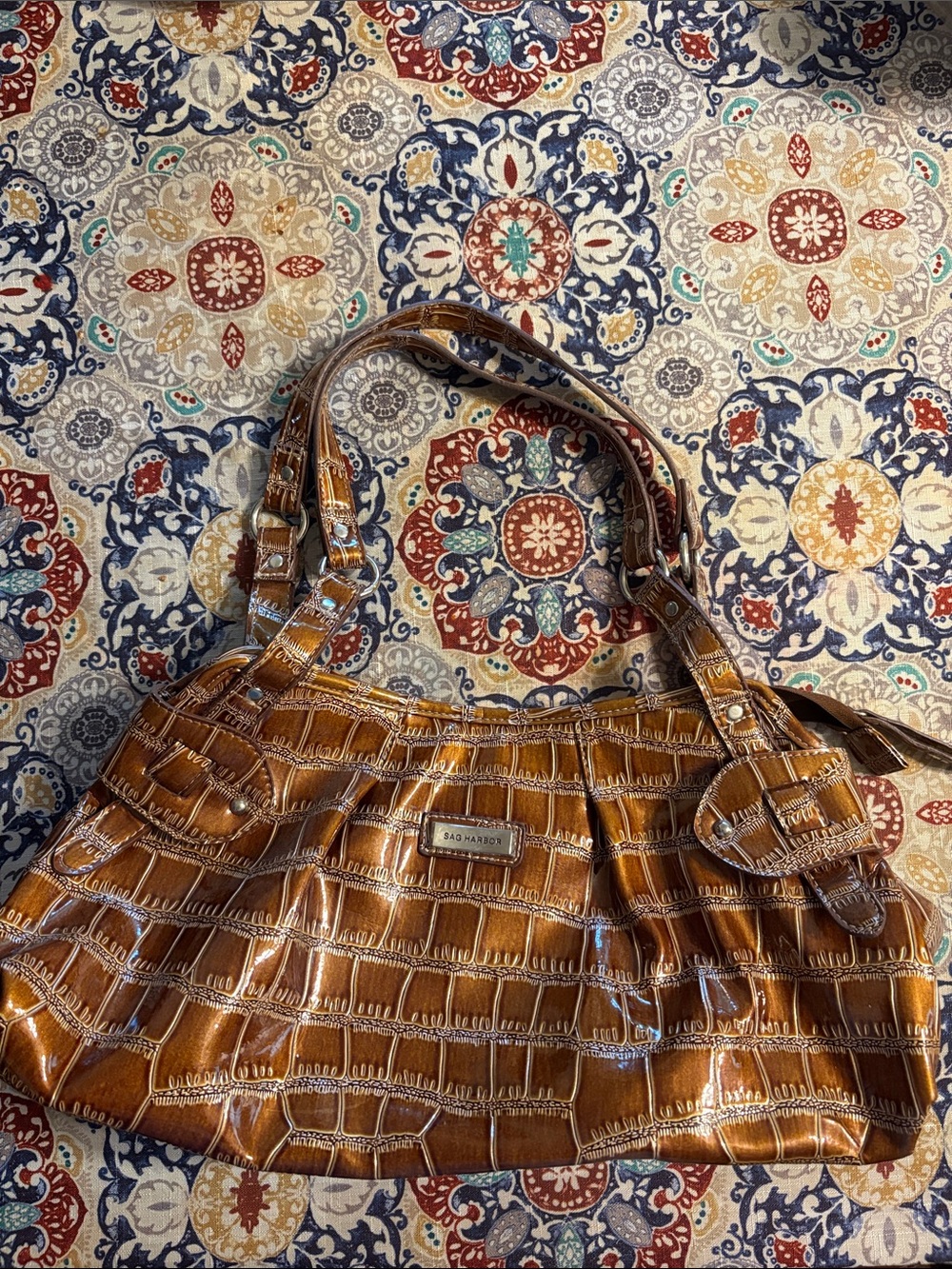 Sag Harbor Glossy Croc-Embossed Brown Shoulder Bag